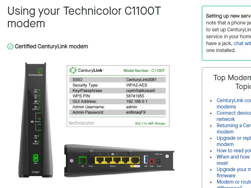 Centurylink Technicolor C1100t WiFi Router